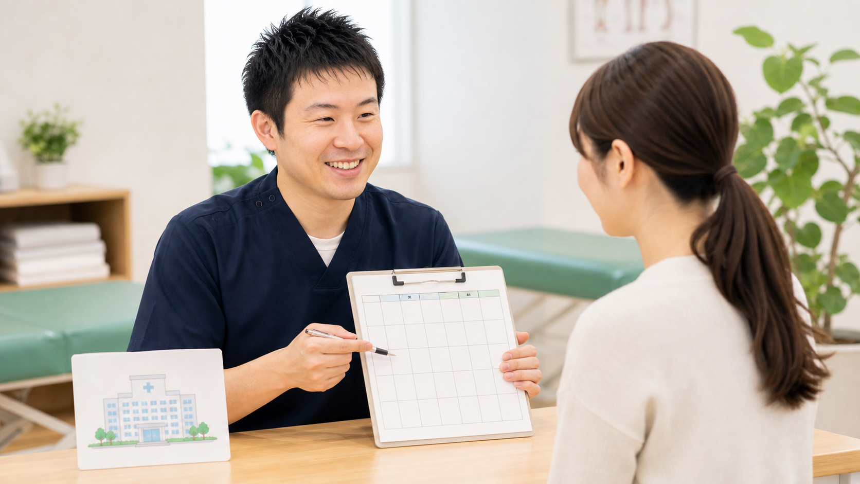 病院と整骨院の併用通院を相談する様子