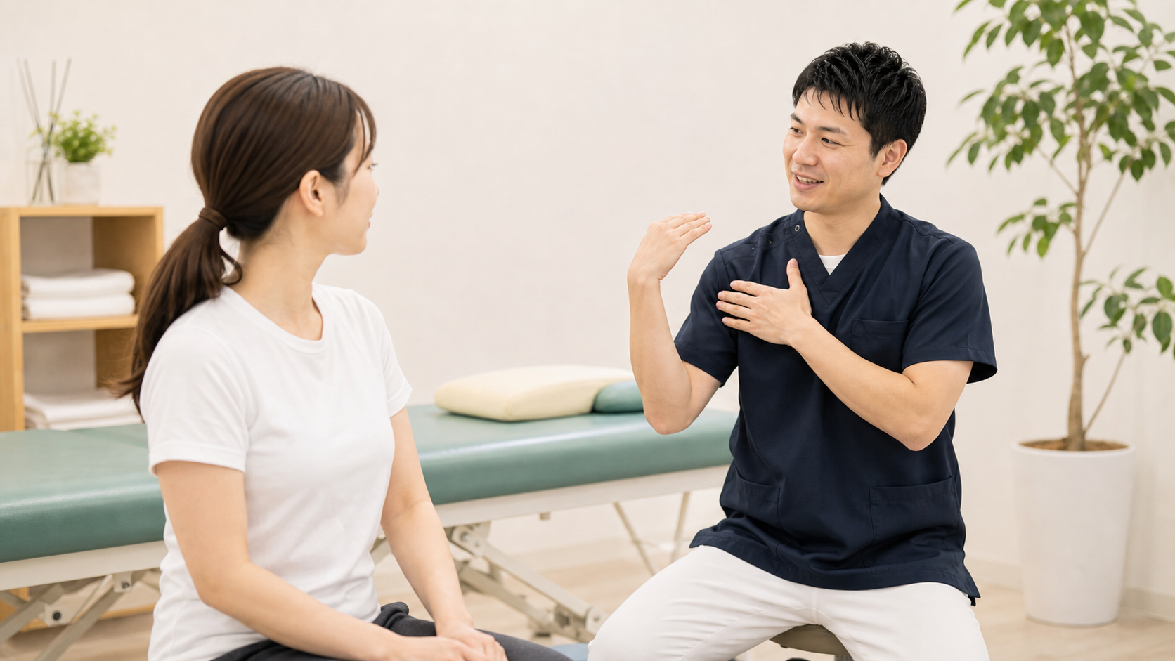むちうち後の首肩の違和感を相談する様子