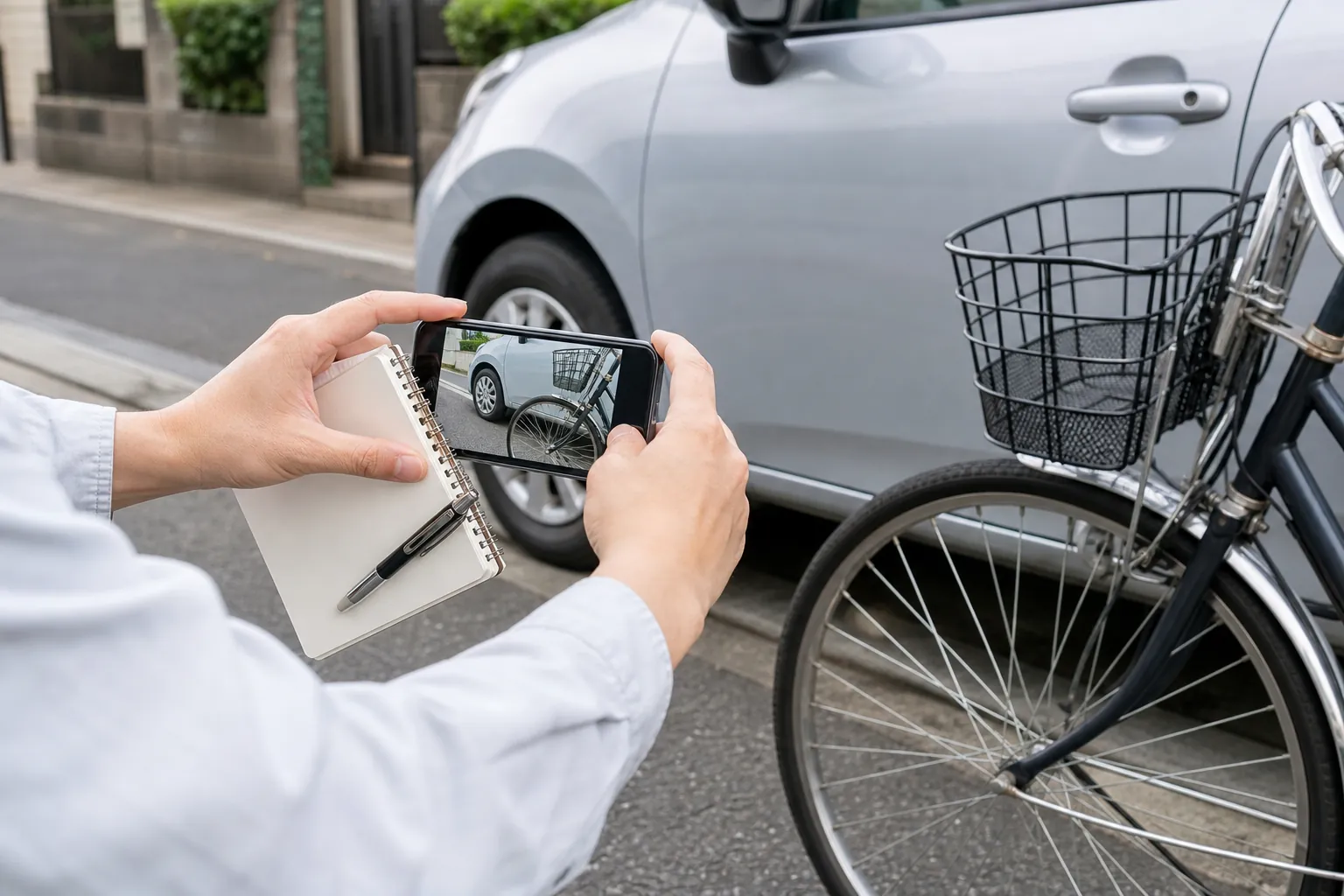 自転車事故後に車両と周辺状況をスマートフォンで記録する様子