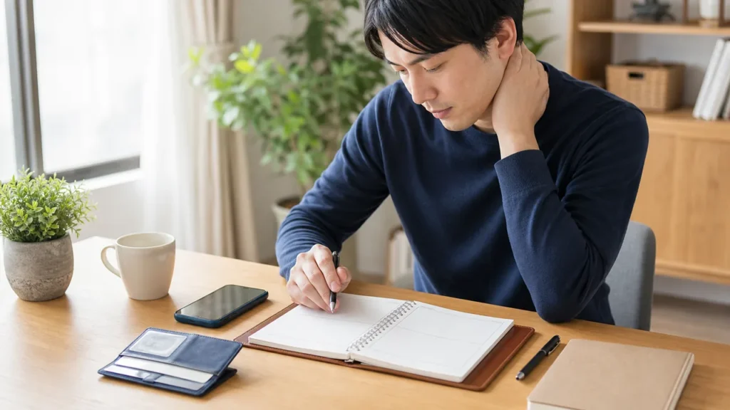 交通事故後に病院と整骨院の同日通院予定を整理する男性