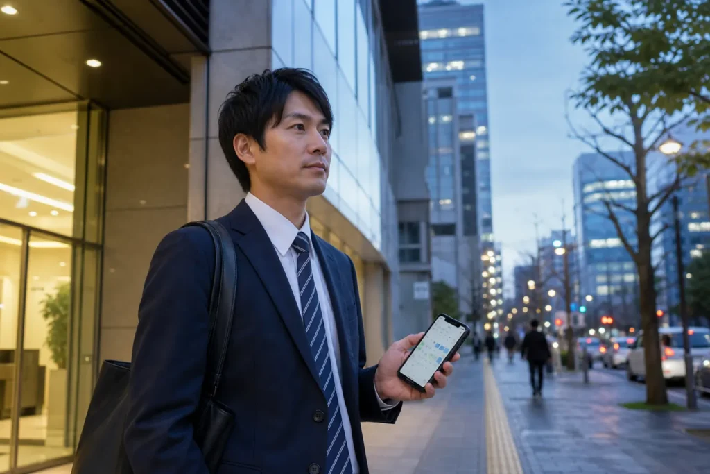 吹田市で仕事帰りの交通事故リハビリ予定を確認する会社員