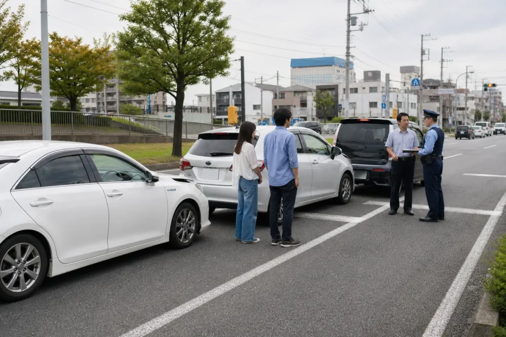吹田市の玉突き事故現場で車両順序を警察へ説明する当事者