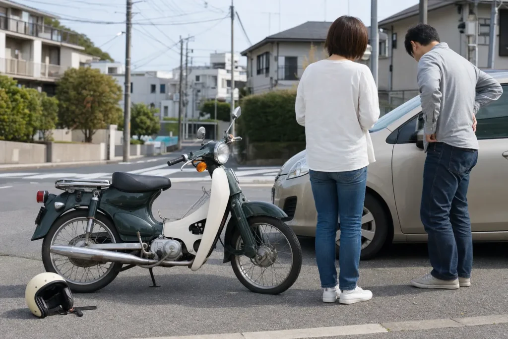 吹田市の住宅街でバイク事故後に安全を確認する様子