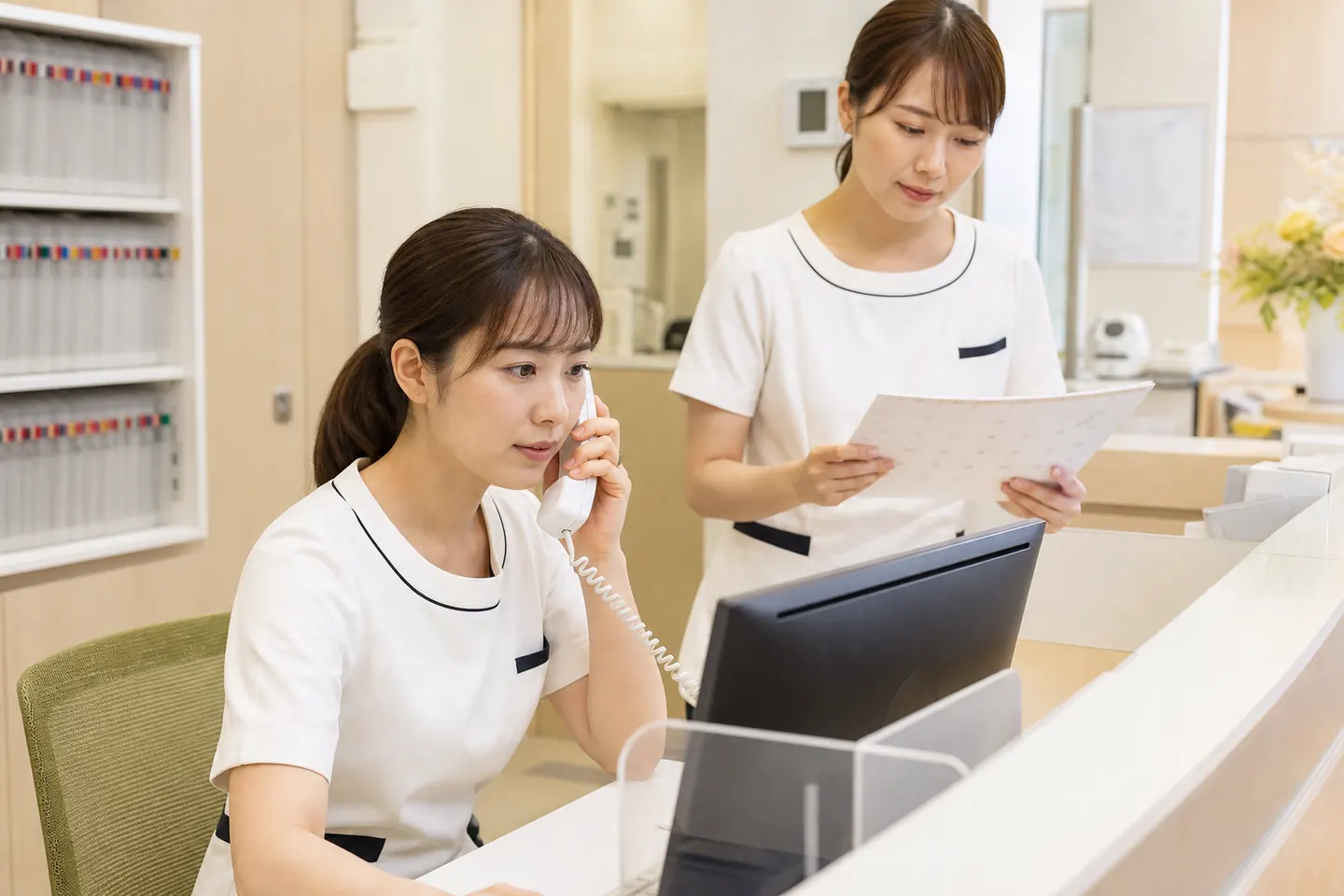 交通事故患者の初診枠を電話と予約表で確認する整形外科受付