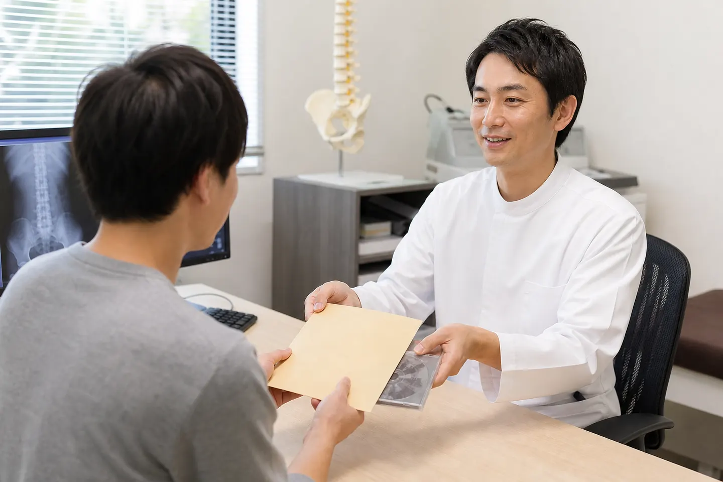交通事故の転院前に医師から紹介状と検査画像を受け取る患者