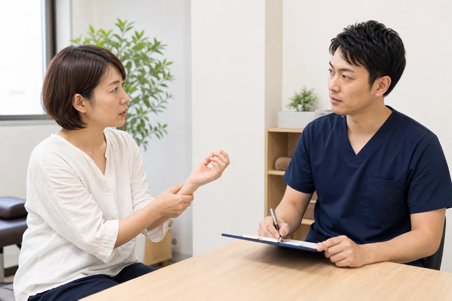 交通事故後の手首と肘の困りごとを整骨院で相談する様子