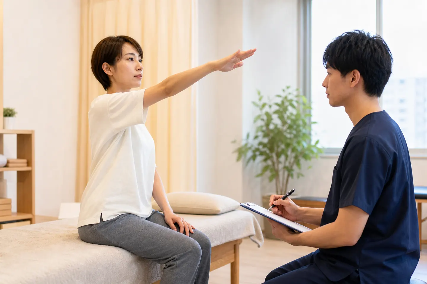 医療機関受診後に腕と上半身の動きを整骨院で確認する女性
