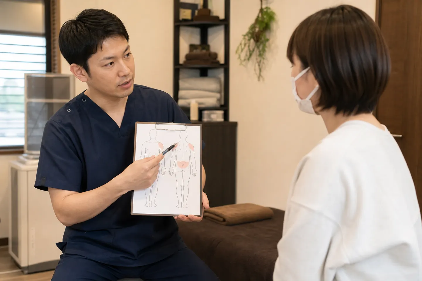 病院受診後に交差点事故の症状を整骨院で相談する患者