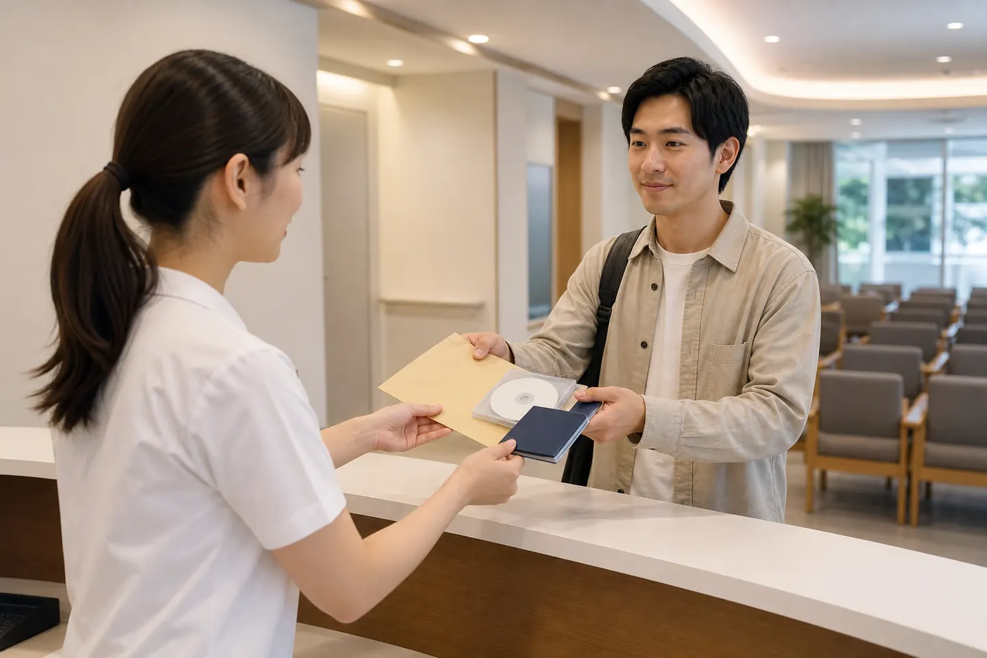 新しい整形外科の受付へ紹介状と検査画像を提出する交通事故患者