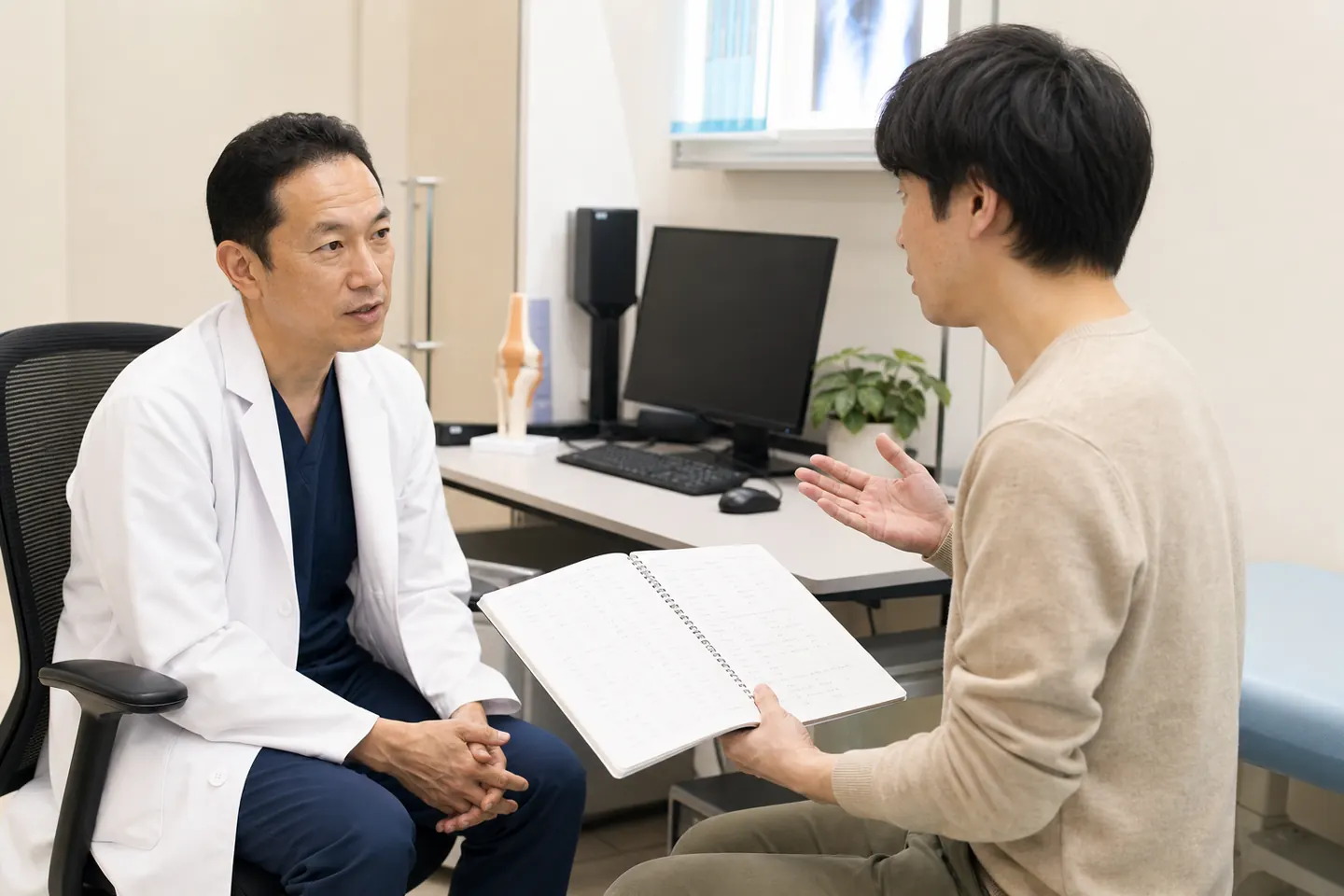 交通事故後の再診で症状記録を整形外科医へ見せる男性患者