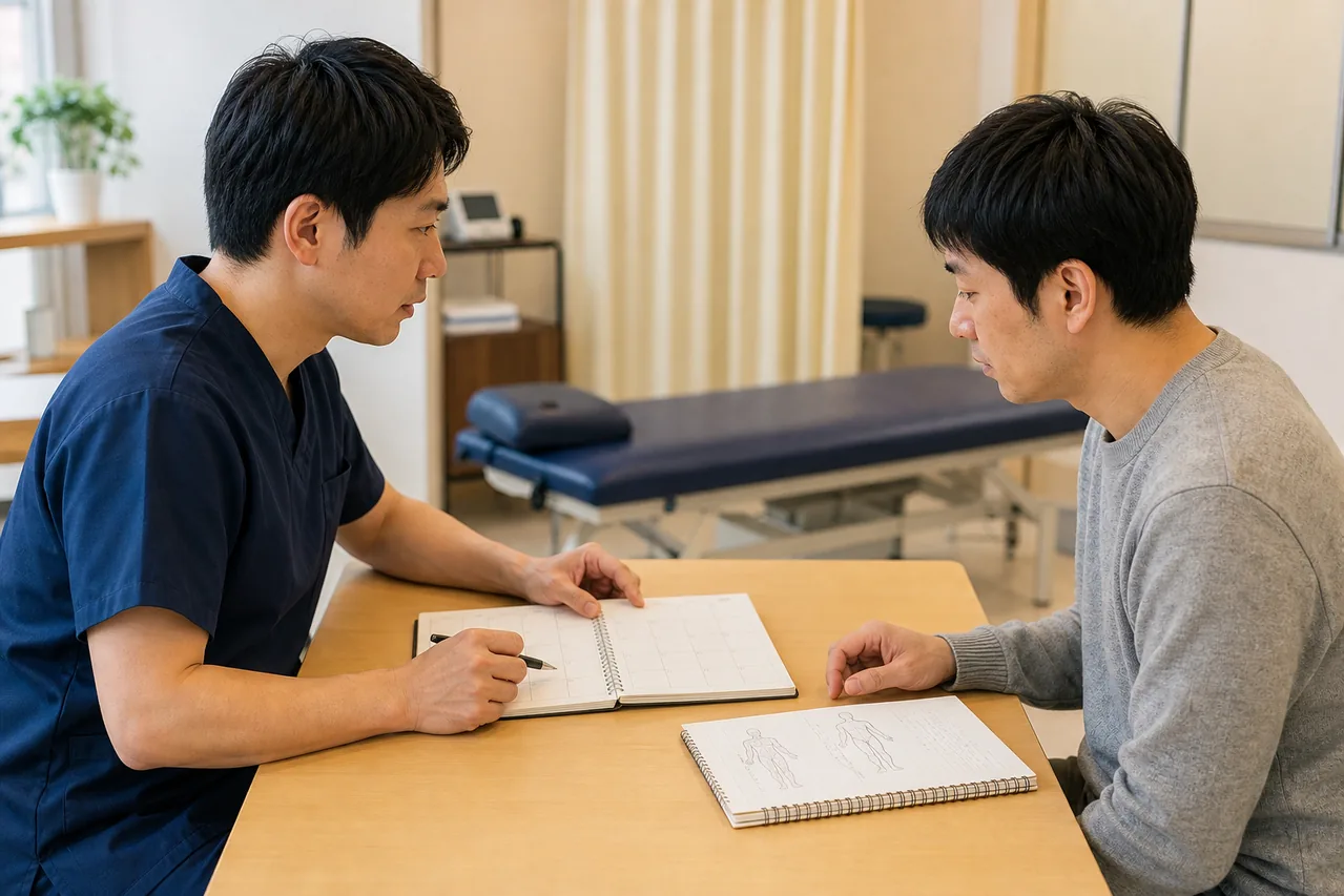 病院受診後に整骨院で無理のない通院計画を相談する男性