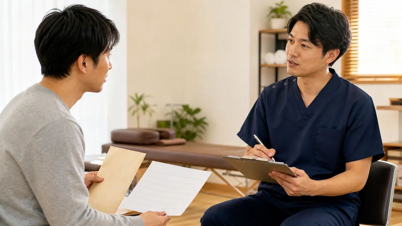 病院再診後に整骨院で通院再開を相談する男性
