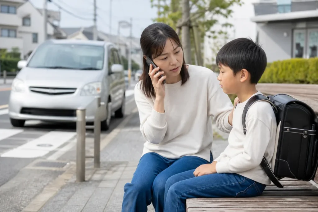 吹田市で子どもの交通事故後に安全な場所から救急相談する母親