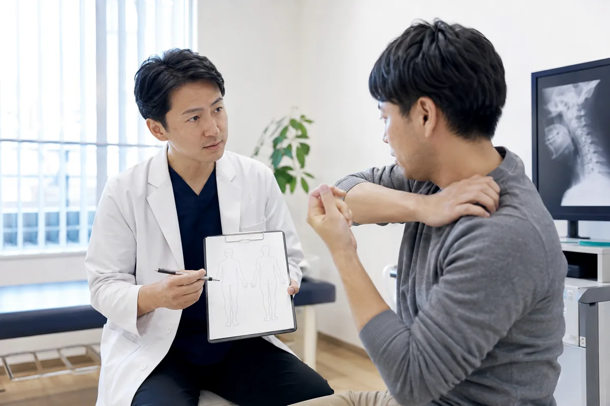 ひき逃げ事故後の首肩の症状を病院で医師へ説明する男性