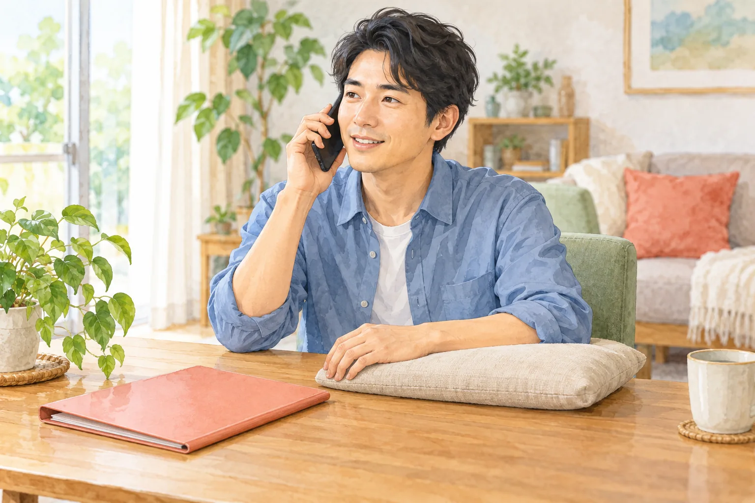 自宅で電話連絡をする男性のイラスト