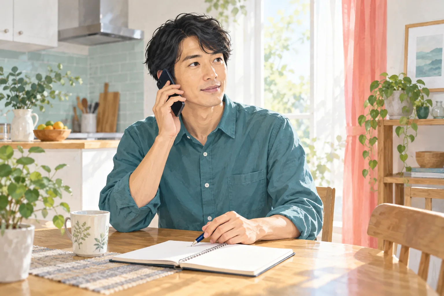 ノートを準備して電話で連絡する男性のイラスト