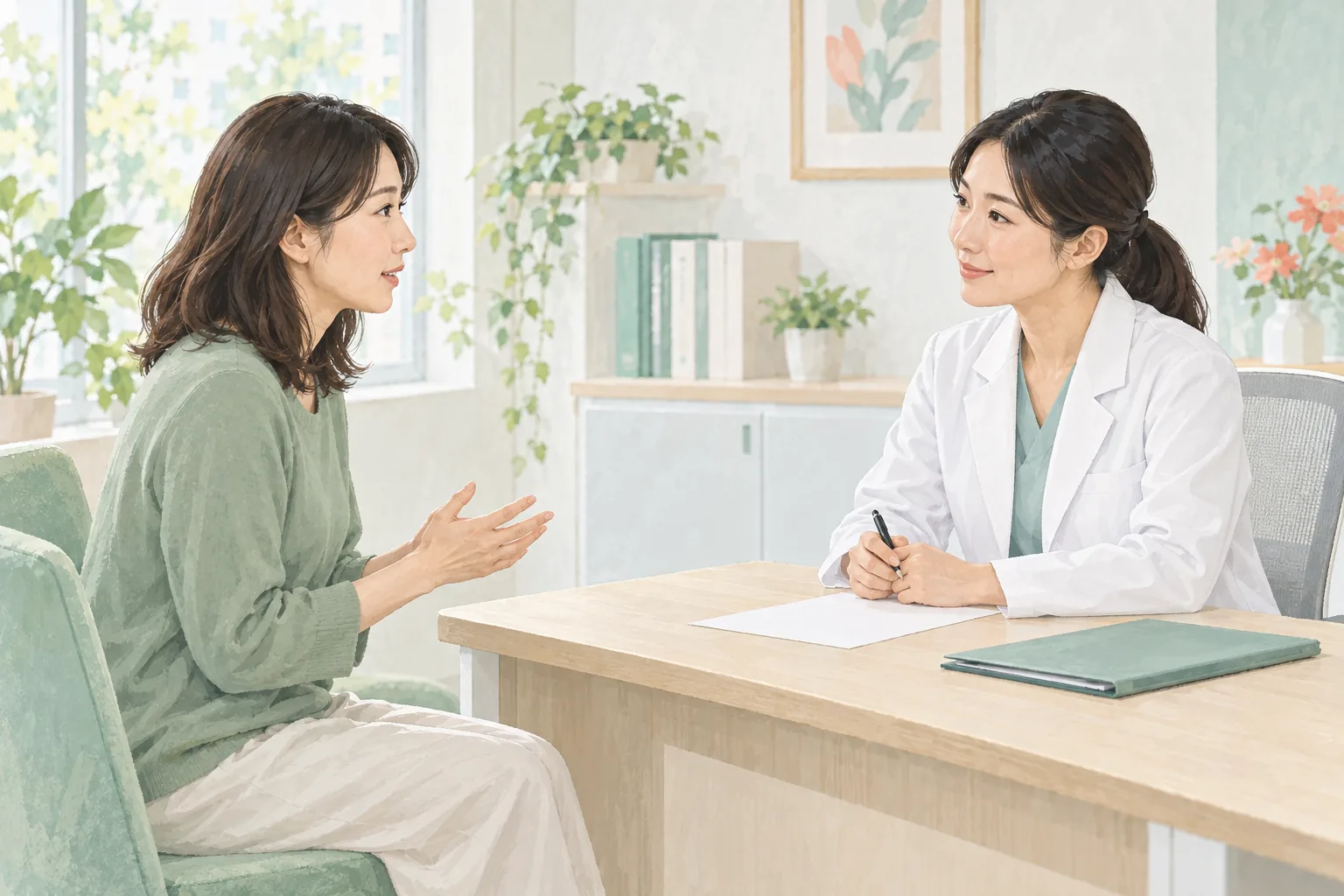 机を挟んで医療従事者に相談する女性のイラスト