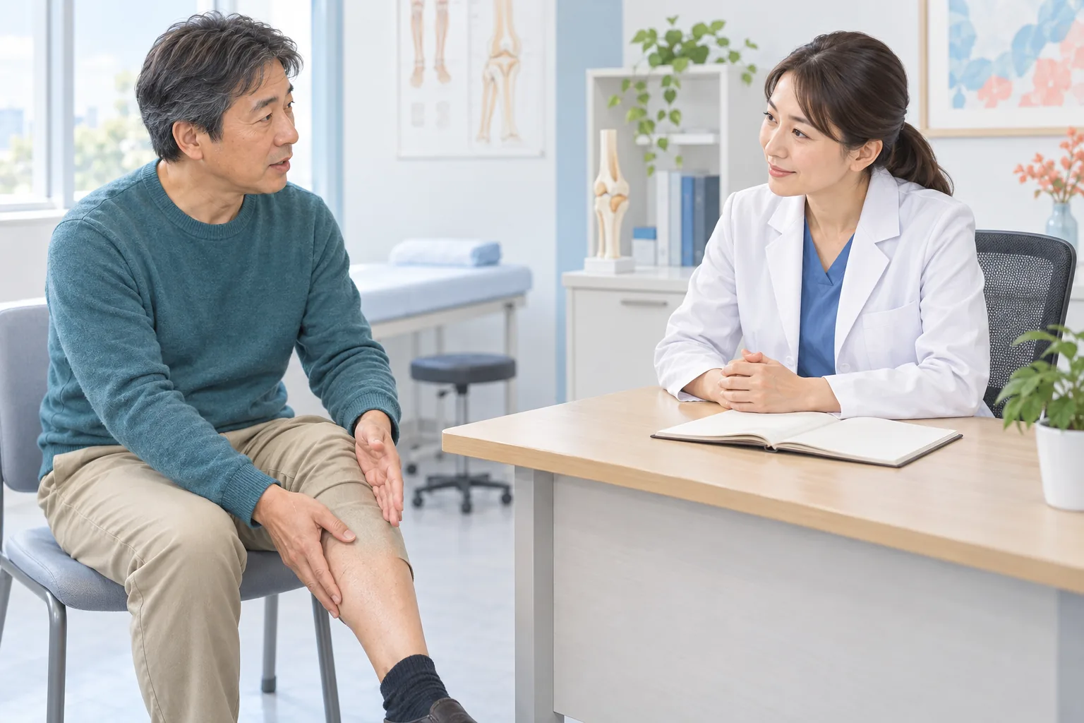 医療機関で医師へ下腿の痛みについて相談する男性