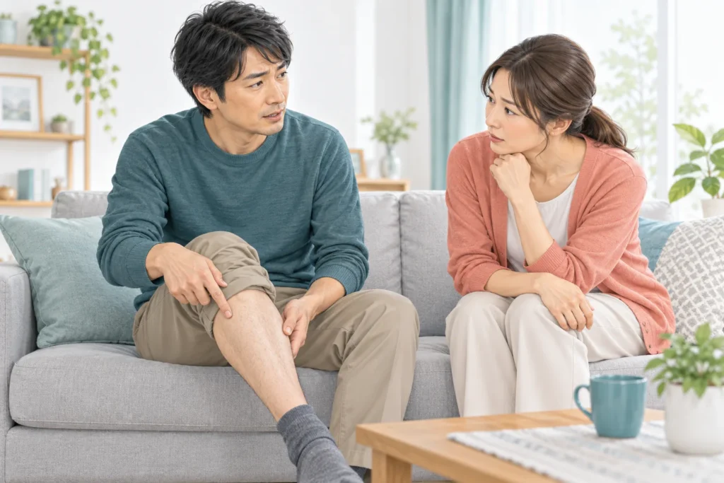 すねの気になる場所を家族に伝える男性