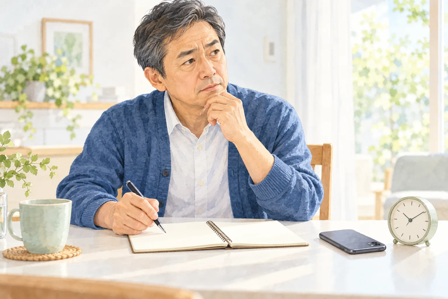受診前に症状の経過をノートへ整理する男性