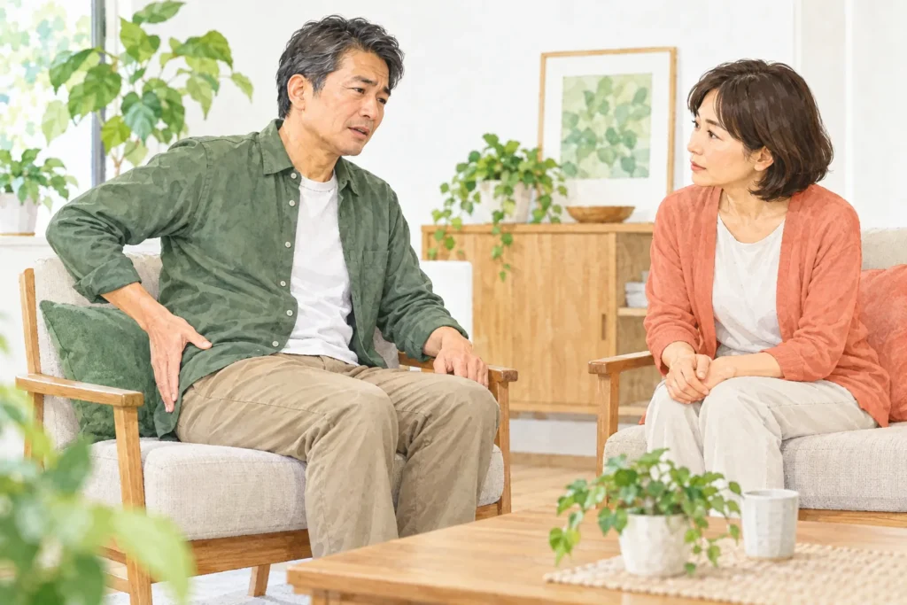 股関節・足の付け根の気になる場所を家族へ伝える男性