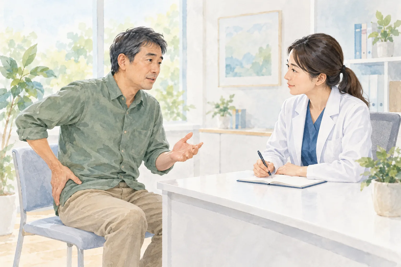 股関節・足の付け根の痛みを医師へ相談する男性