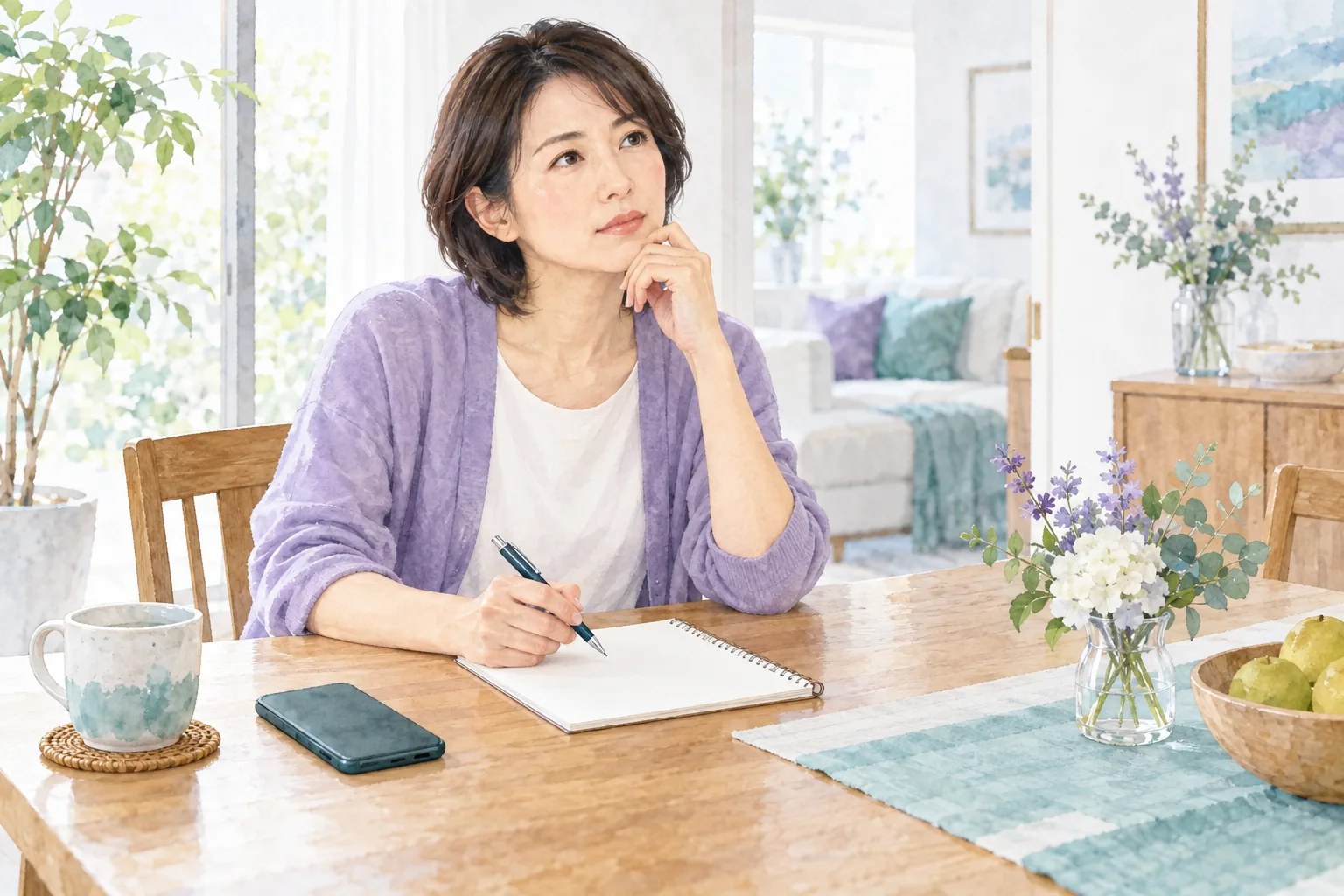 受診前に症状の経過をノートへ整理する女性