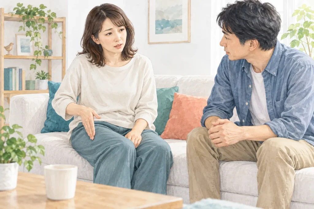 太ももの気になる場所を家族へ伝える女性
