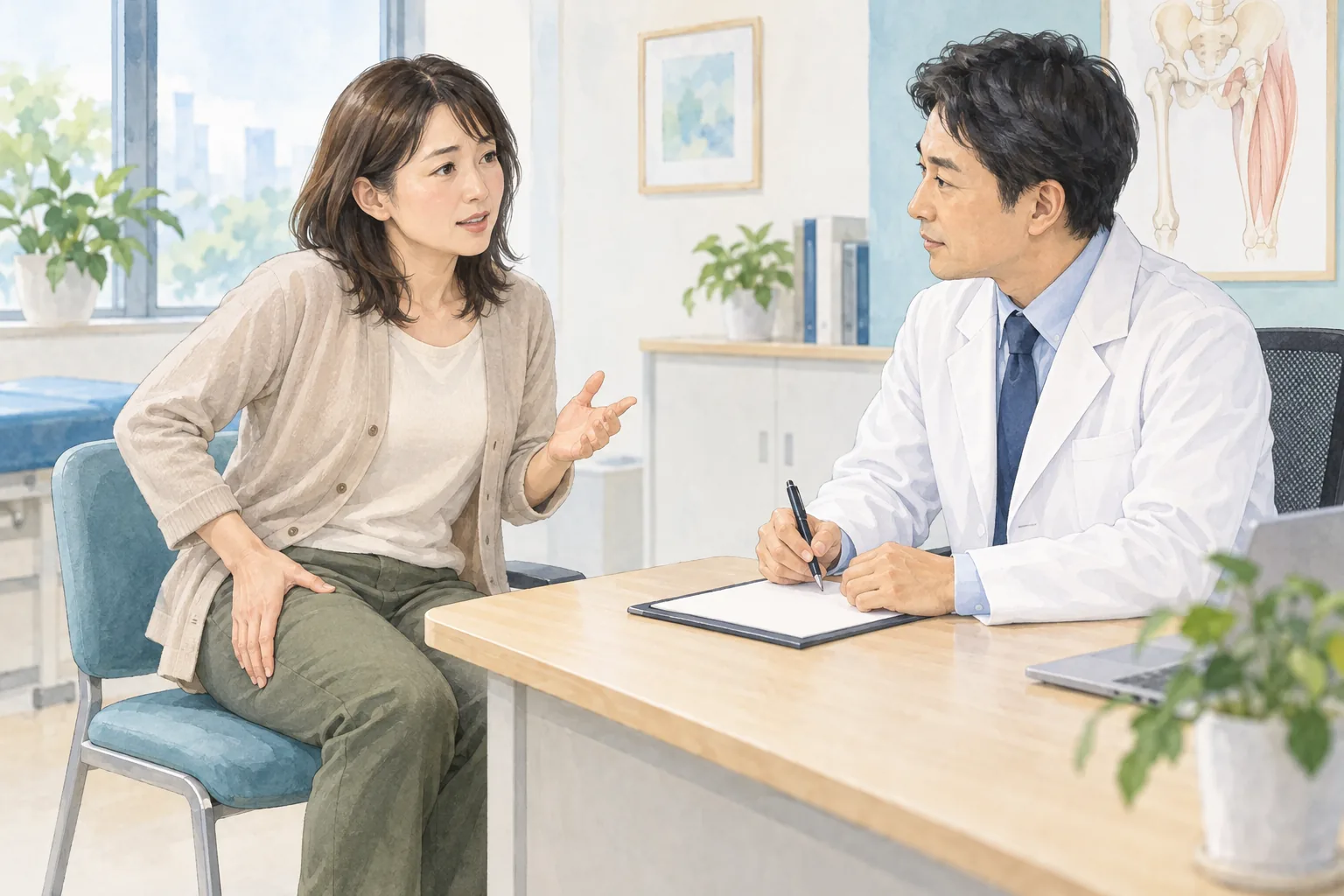 太ももの痛みを医師へ相談する女性